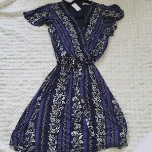 LOFT Navy and Purple Patterned Dress